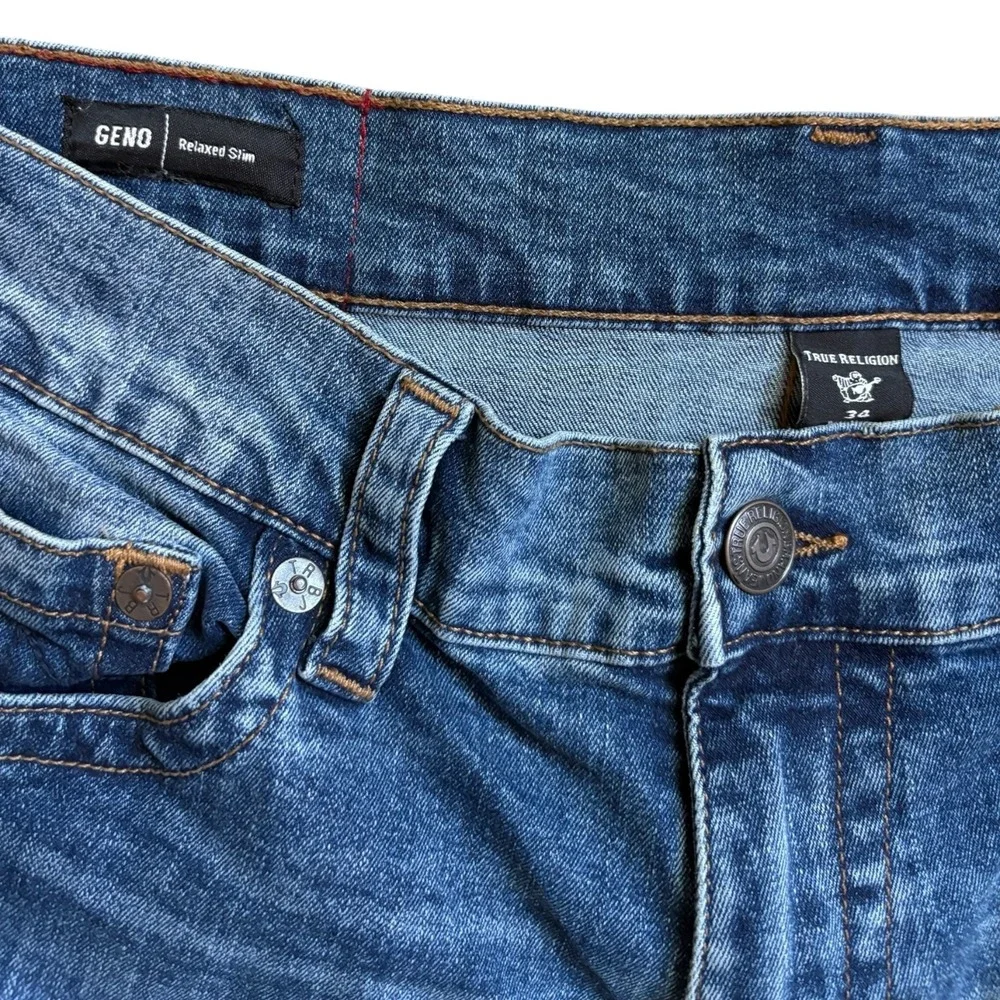 True Religion Geno Mens 34x32 Relaxed Slim Biker Jeans Medium Wash Blue